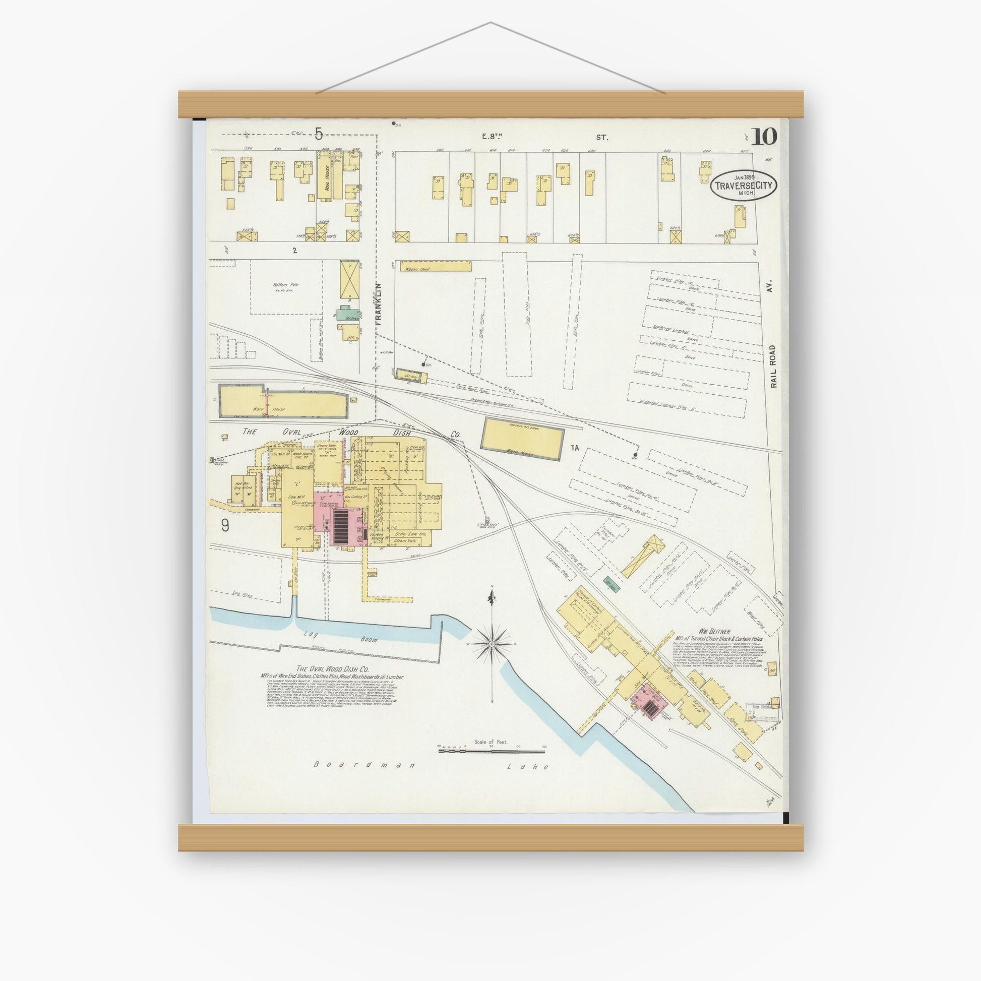 Old map wall art mockup — magnetic wood frame on white wall — Sanborn Fire Insurance Map from Traverse City, Grand Traverse County, Michigan (1899), Sheet #0010