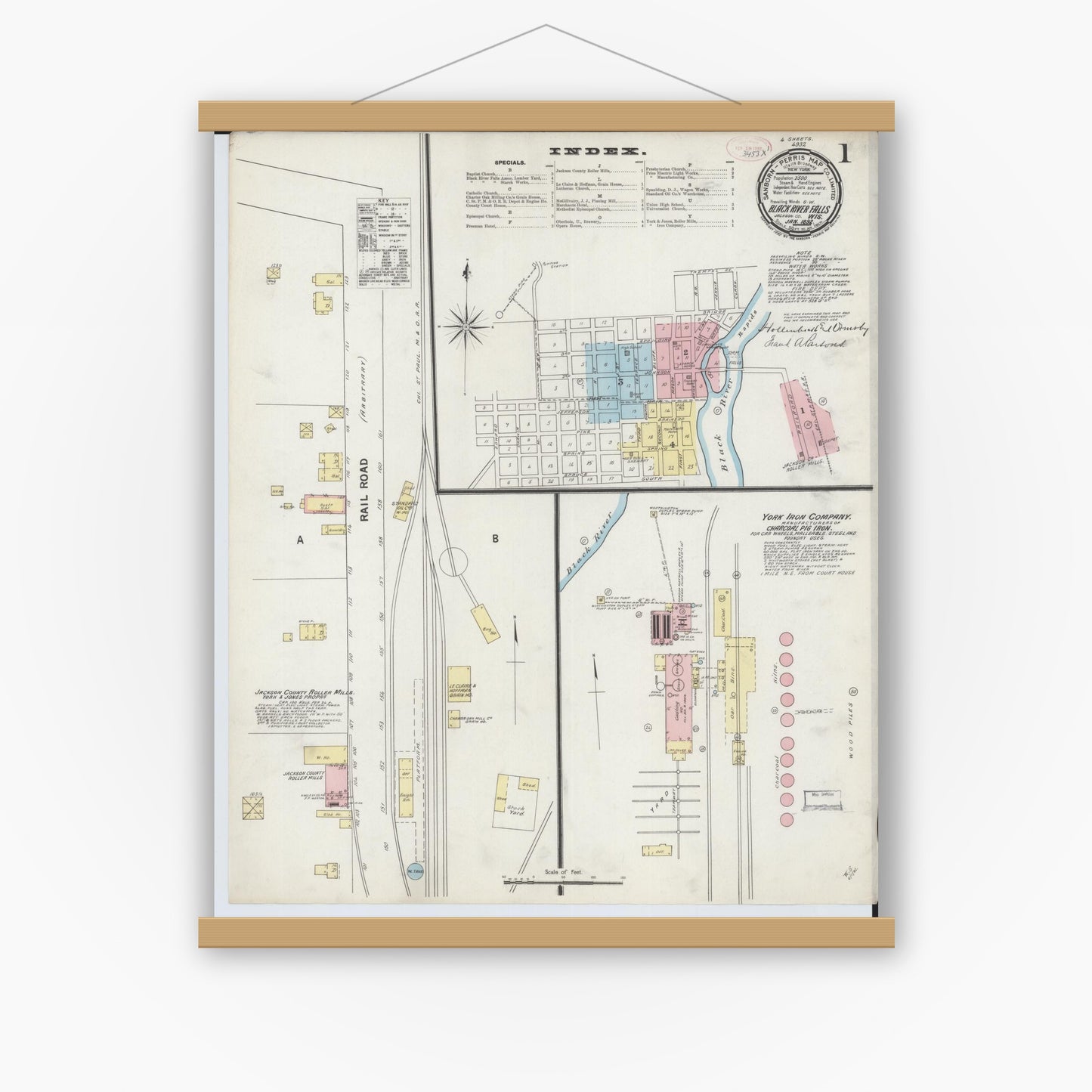 Old map wall art mockup — magnetic wood frame on white wall — Sanborn Fire Insurance Map from Black River Falls, Jackson County, Wisconsin (1892) - Complete Map Set