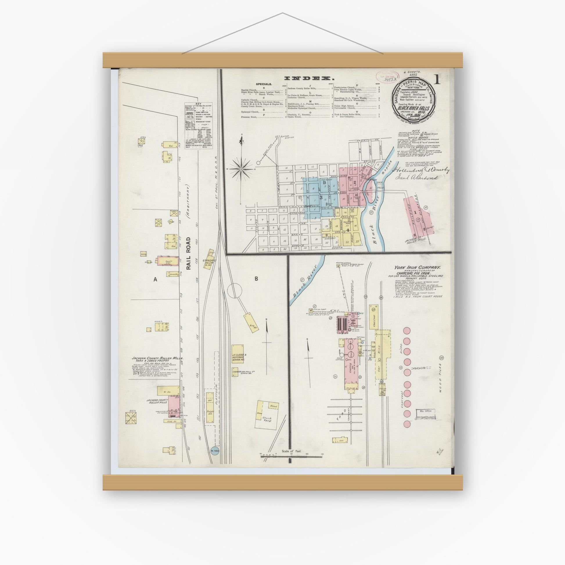 Old map wall art mockup — magnetic wood frame on white wall — Sanborn Fire Insurance Map from Black River Falls, Jackson County, Wisconsin (1892) - Complete Map Set