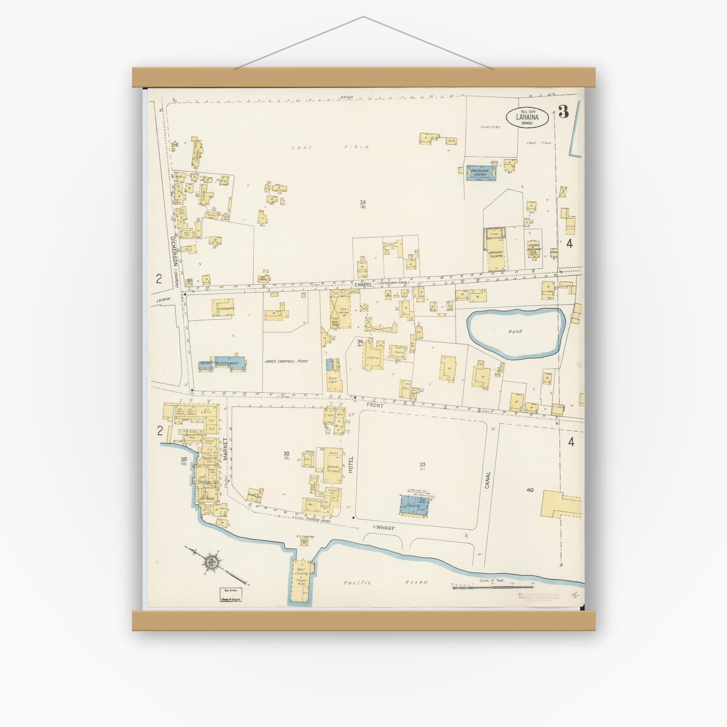 Old map wall art mockup — magnetic wood frame on white wall — Sanborn Fire Insurance Map from Lahaina, Maui County, Hawaii (1914), Sheet #0003