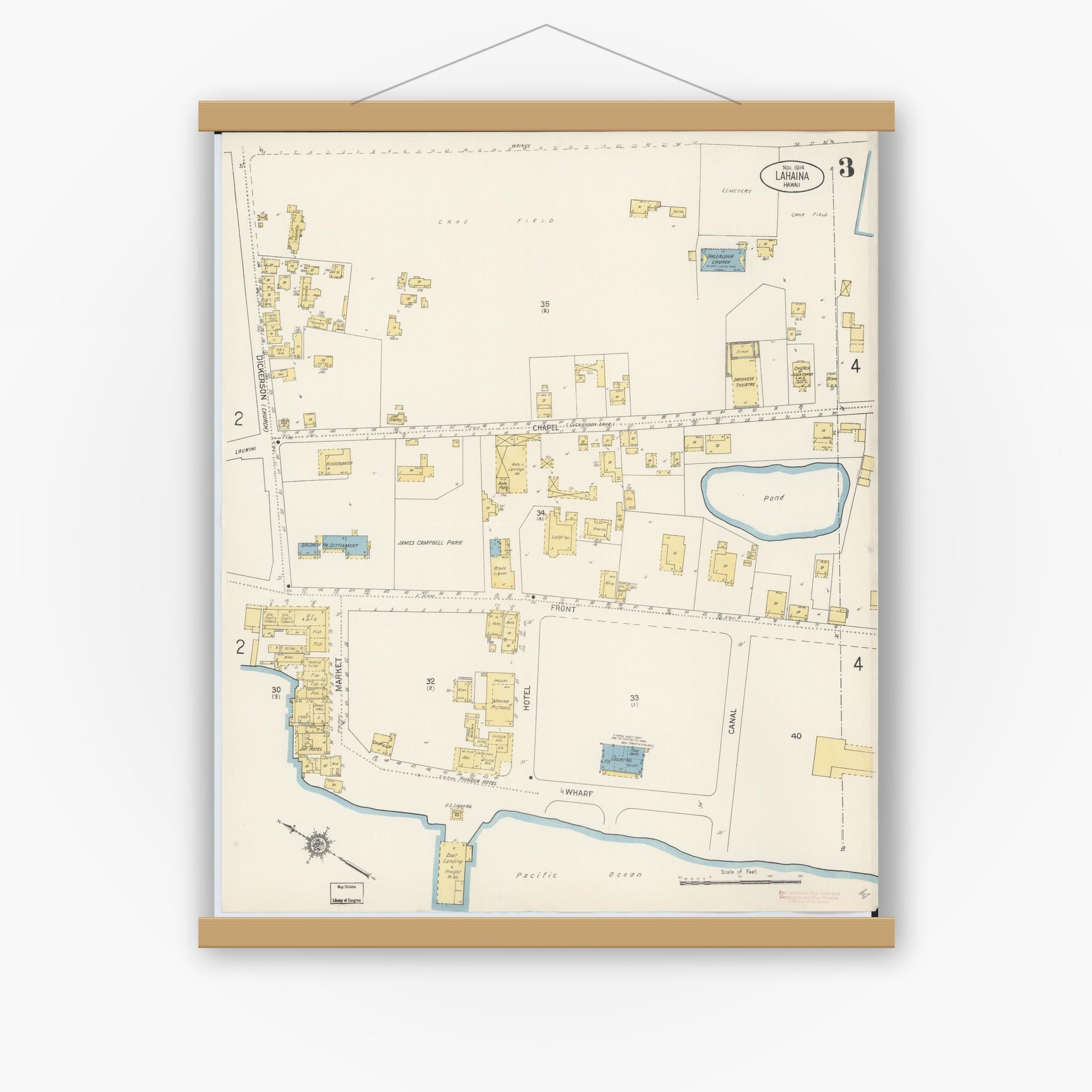 Old map wall art mockup — magnetic wood frame on white wall — Sanborn Fire Insurance Map from Lahaina, Maui County, Hawaii (1914), Sheet #0003