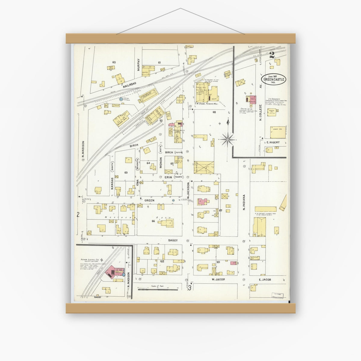 Old map wall art mockup — magnetic wood frame on white wall — Sanborn Fire Insurance Map from Greencastle, Putnam County, Indiana (1907), Sheet #0002