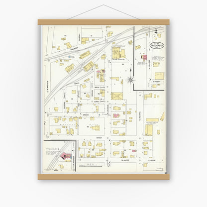 Old map wall art mockup — magnetic wood frame on white wall — Sanborn Fire Insurance Map from Greencastle, Putnam County, Indiana (1907), Sheet #0002