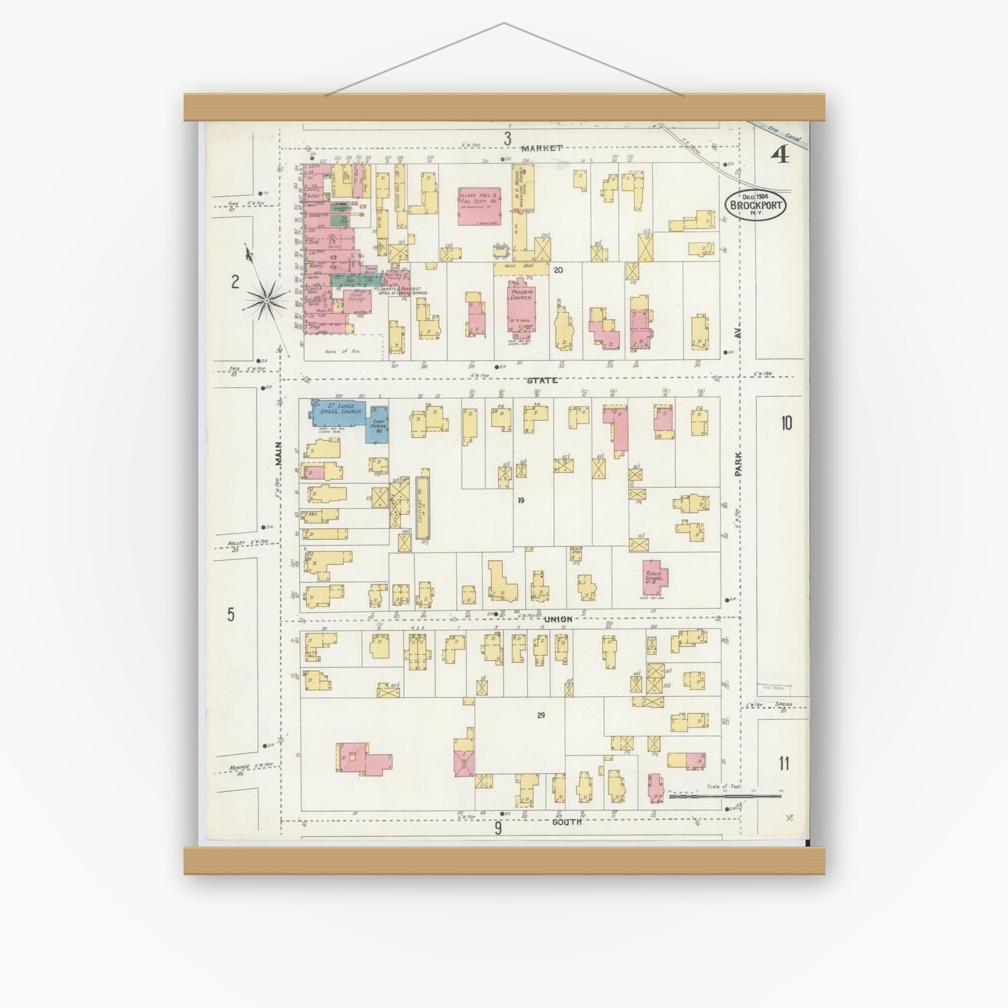 Old map wall art mockup — magnetic wood frame on white wall — Sanborn Fire Insurance Map from Brockport, Monroe County, New York (1904), Sheet #0004