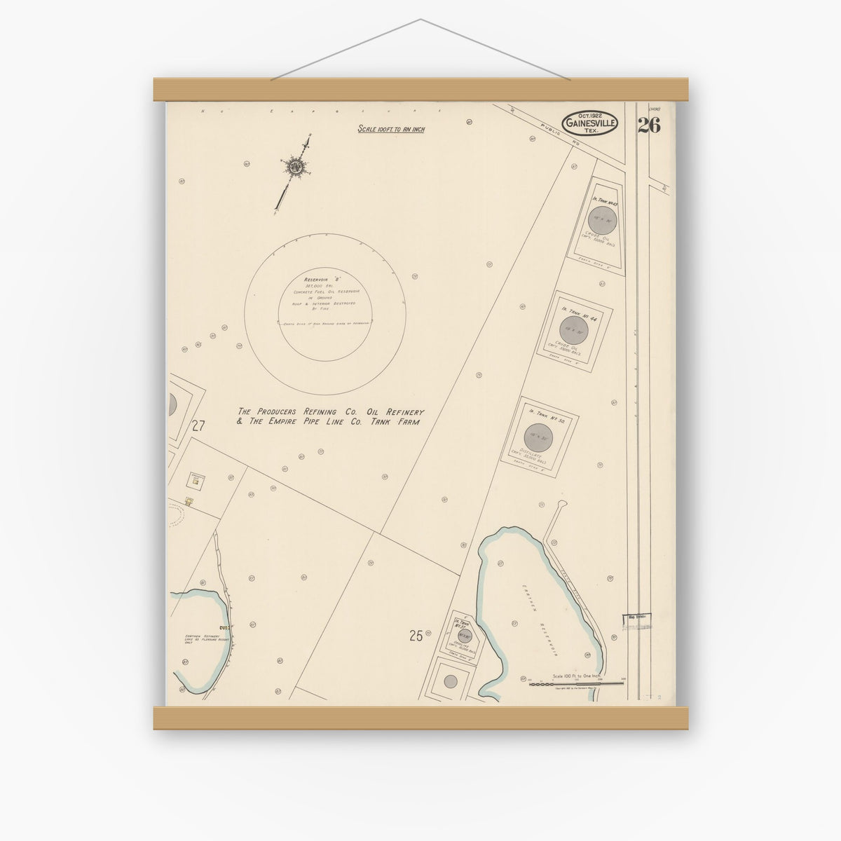 Old map wall art mockup — magnetic wood frame on white wall — Sanborn Fire Insurance Map from Gainesville, Cooke County, Texas (1922), Sheet #0026