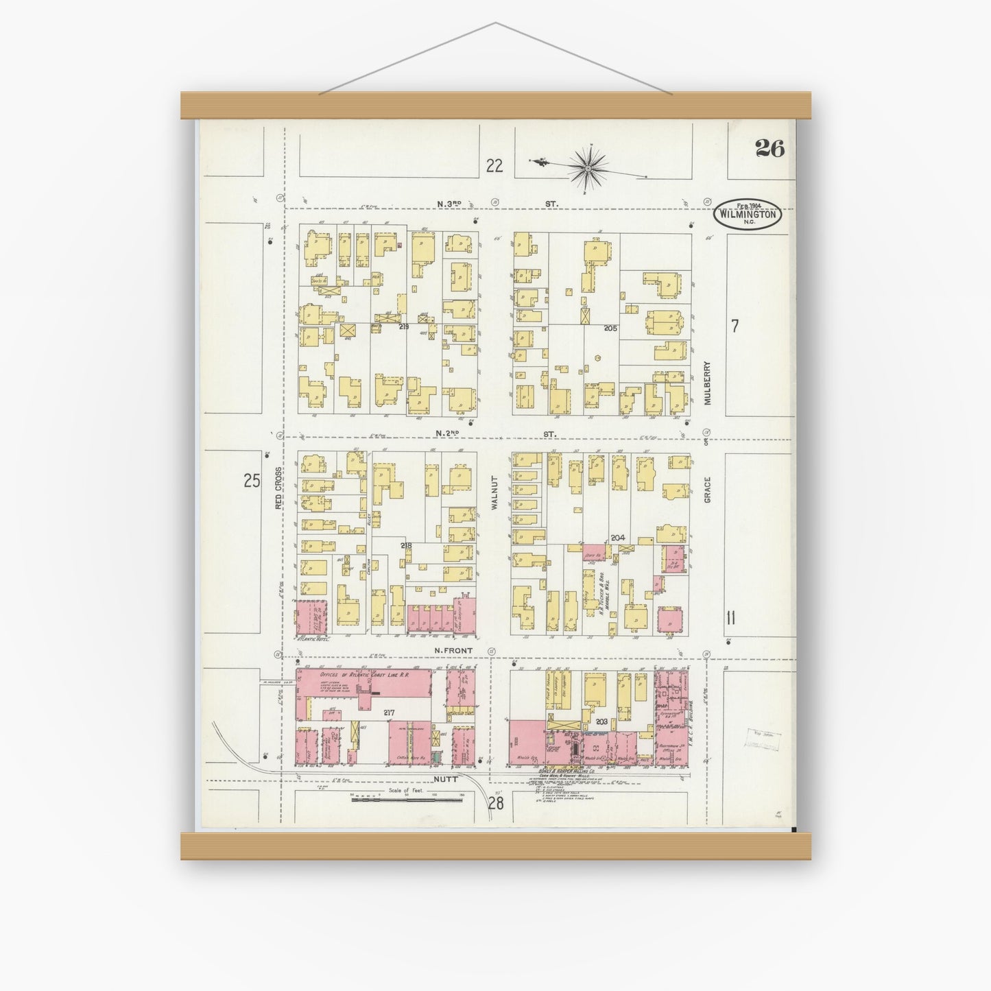 Old map wall art mockup — magnetic wood frame on white wall — Sanborn Fire Insurance Map from Wilmington, New Hanover County, North Carolina (1904), Sheet #0026