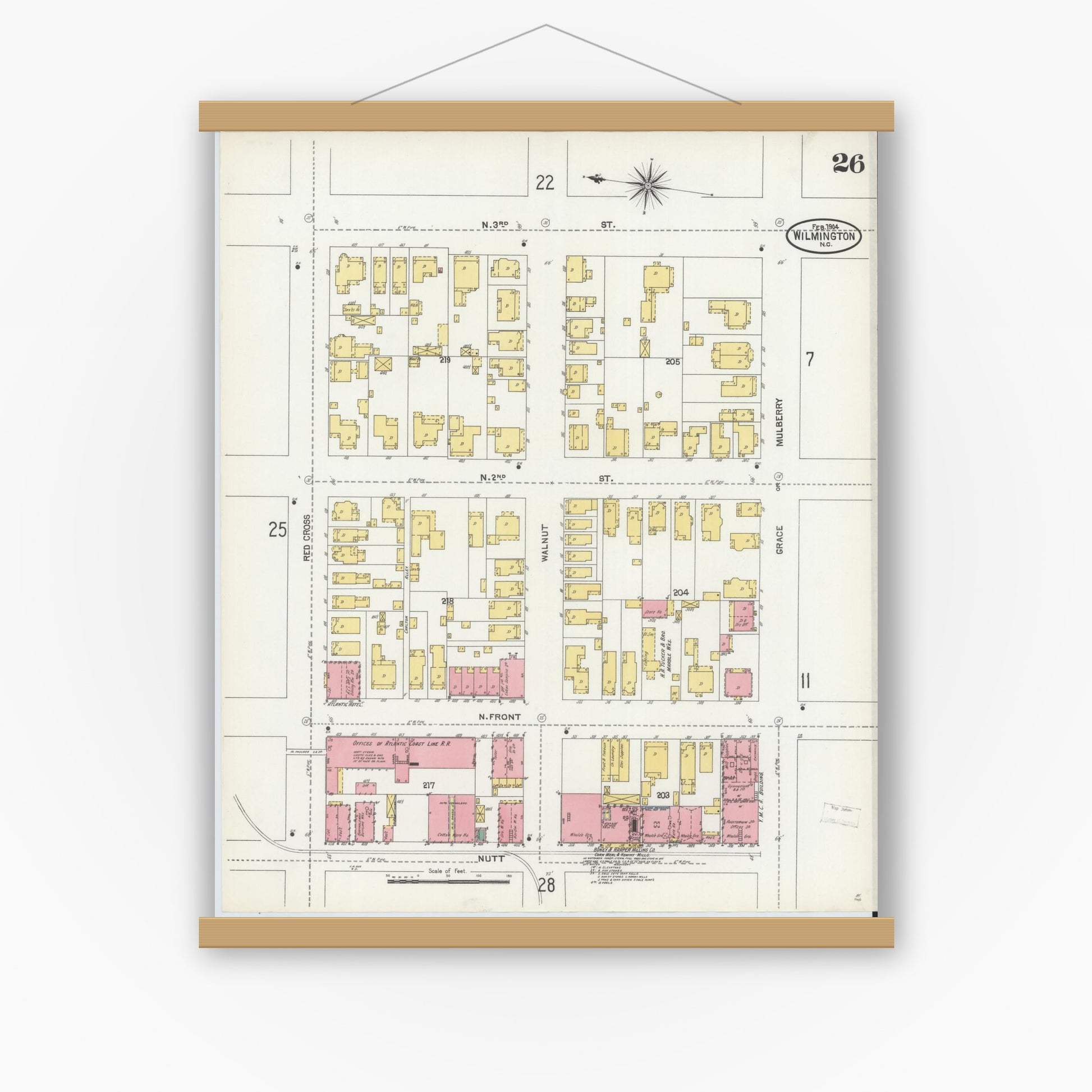 Old map wall art mockup — magnetic wood frame on white wall — Sanborn Fire Insurance Map from Wilmington, New Hanover County, North Carolina (1904), Sheet #0026