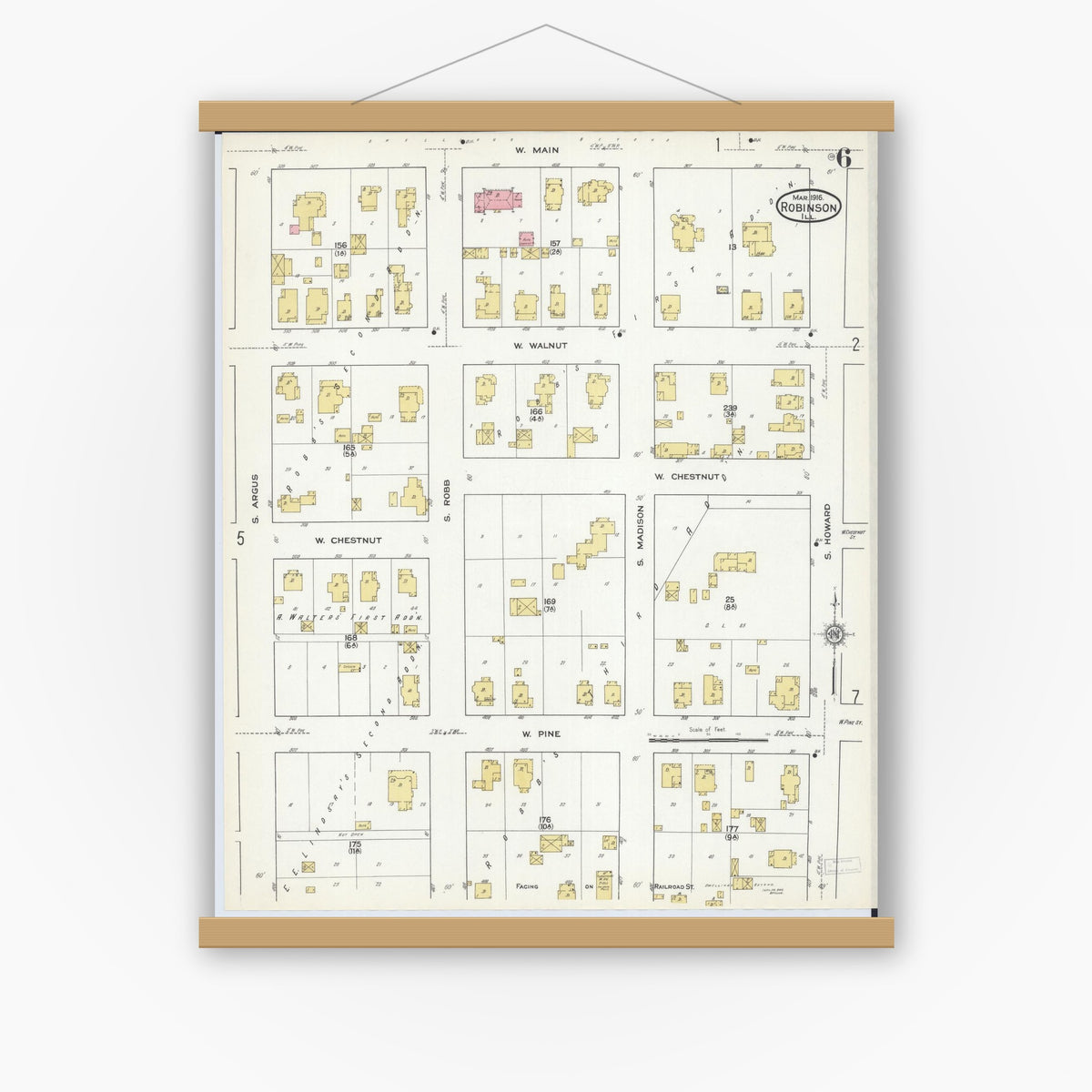 Old map wall art mockup — magnetic wood frame on white wall — Sanborn Fire Insurance Map from Robinson, Crawford County, Illinois (1916), Sheet #0006