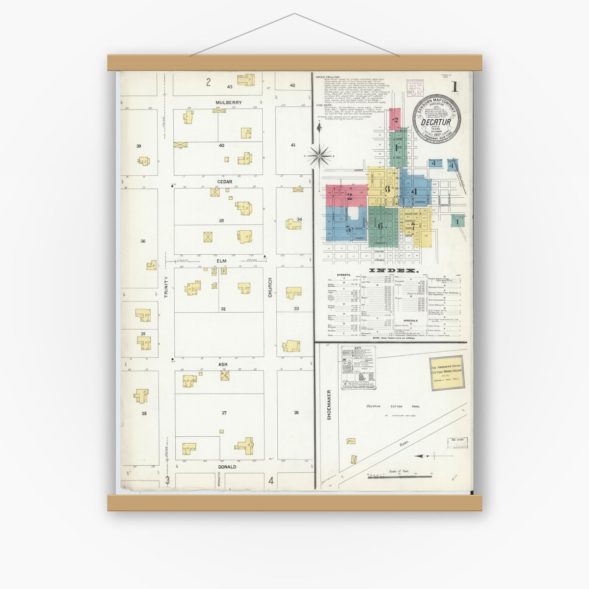 Old map wall art mockup — magnetic wood frame on white wall — Sanborn Fire Insurance Map from Decatur, Wise County, Texas (1907) - Complete Map Set