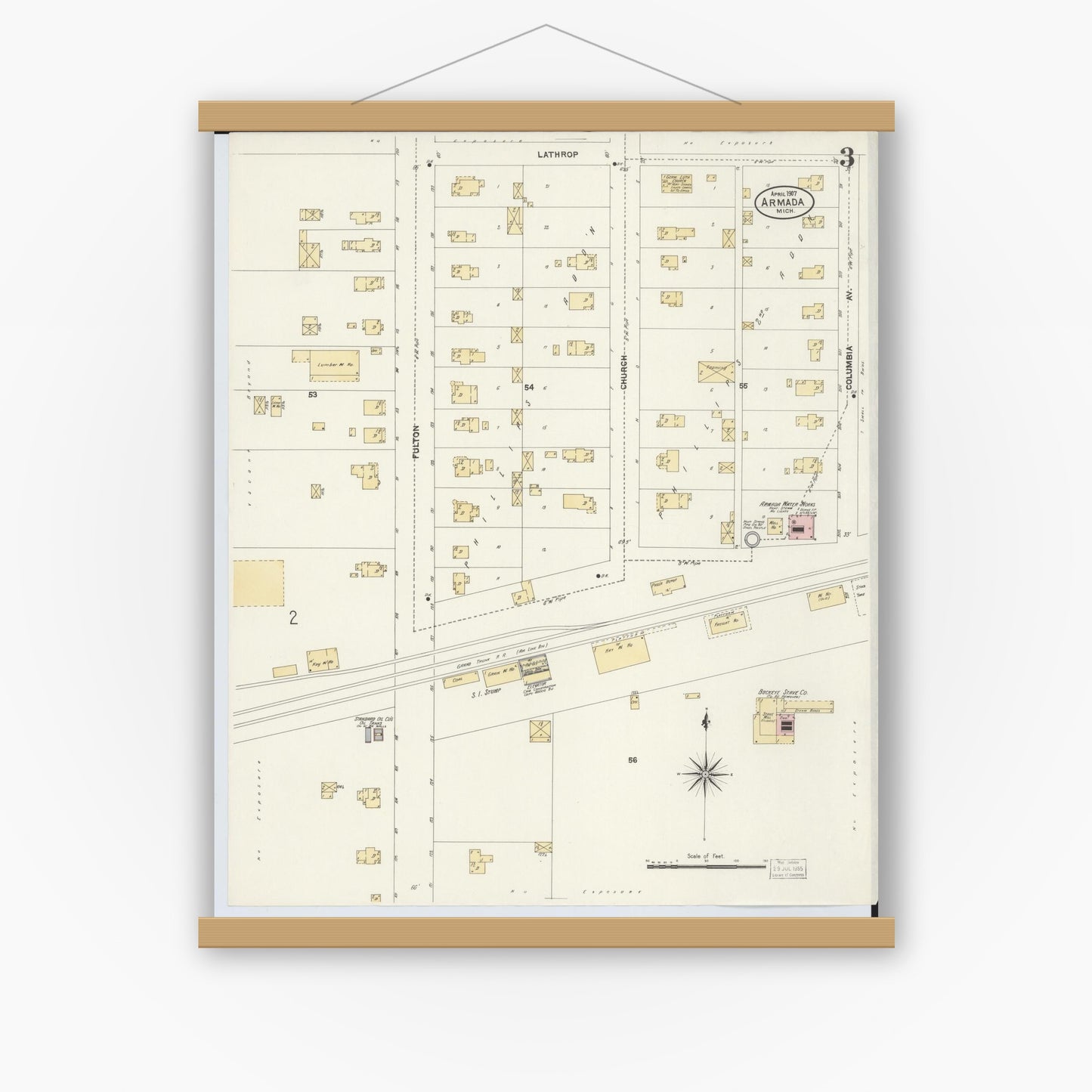 Old map wall art mockup — magnetic wood frame on white wall — Sanborn Fire Insurance Map from Armada, Macomb County, Michigan (1907), Sheet #0003