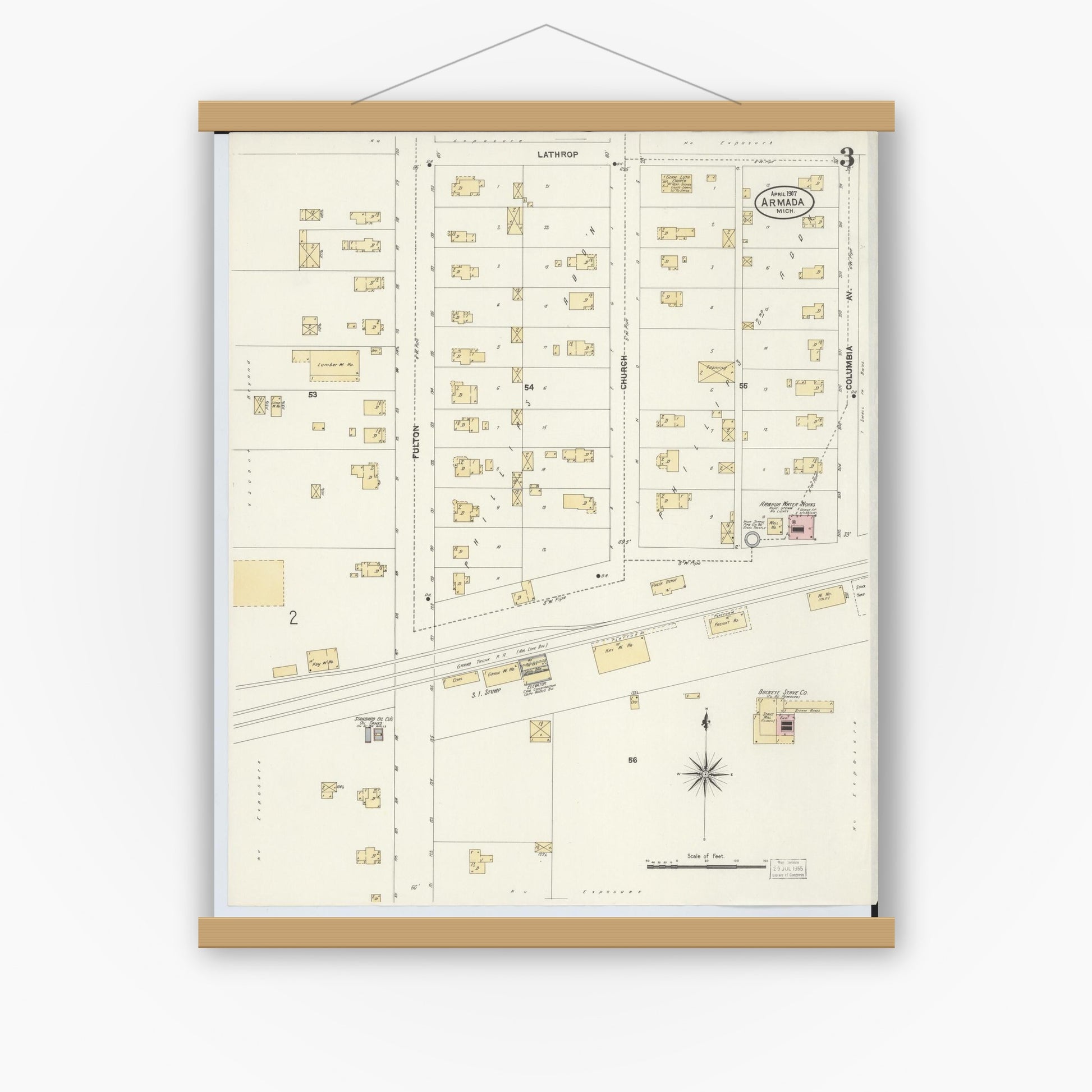 Old map wall art mockup — magnetic wood frame on white wall — Sanborn Fire Insurance Map from Armada, Macomb County, Michigan (1907), Sheet #0003