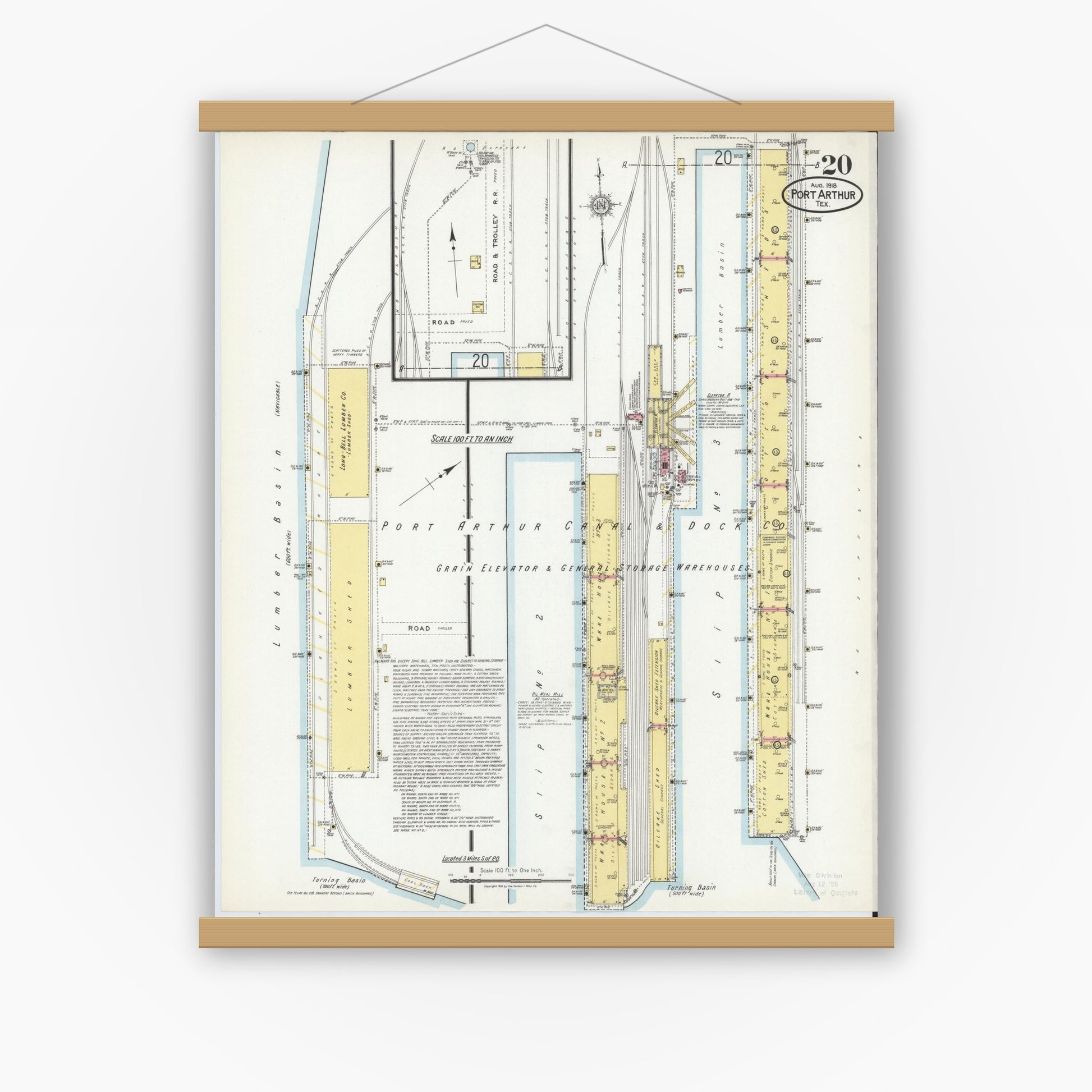 Old map wall art mockup — magnetic wood frame on white wall — Sanborn Fire Insurance Map from Port Arthur, Jefferson County, Texas (1918), Sheet #0020