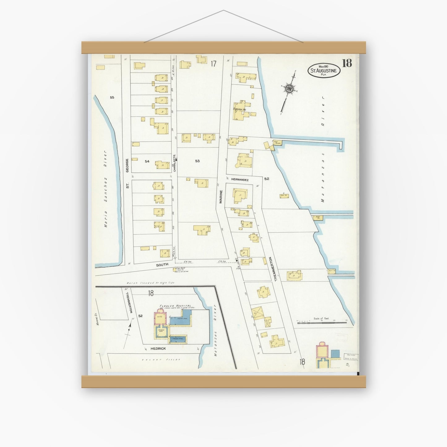 Old map wall art mockup — magnetic wood frame on white wall — Sanborn Fire Insurance Map from Saint Augustine, Saint John's County, Florida (1910), Sheet #0018
