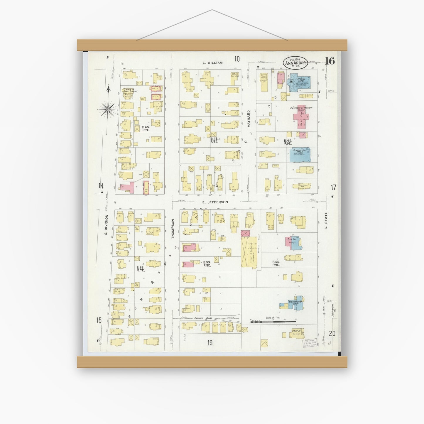 Old map wall art mockup — magnetic wood frame on white wall — Sanborn Fire Insurance Map from Ann Arbor, Washtenaw County, Michigan (1908), Sheet #0016