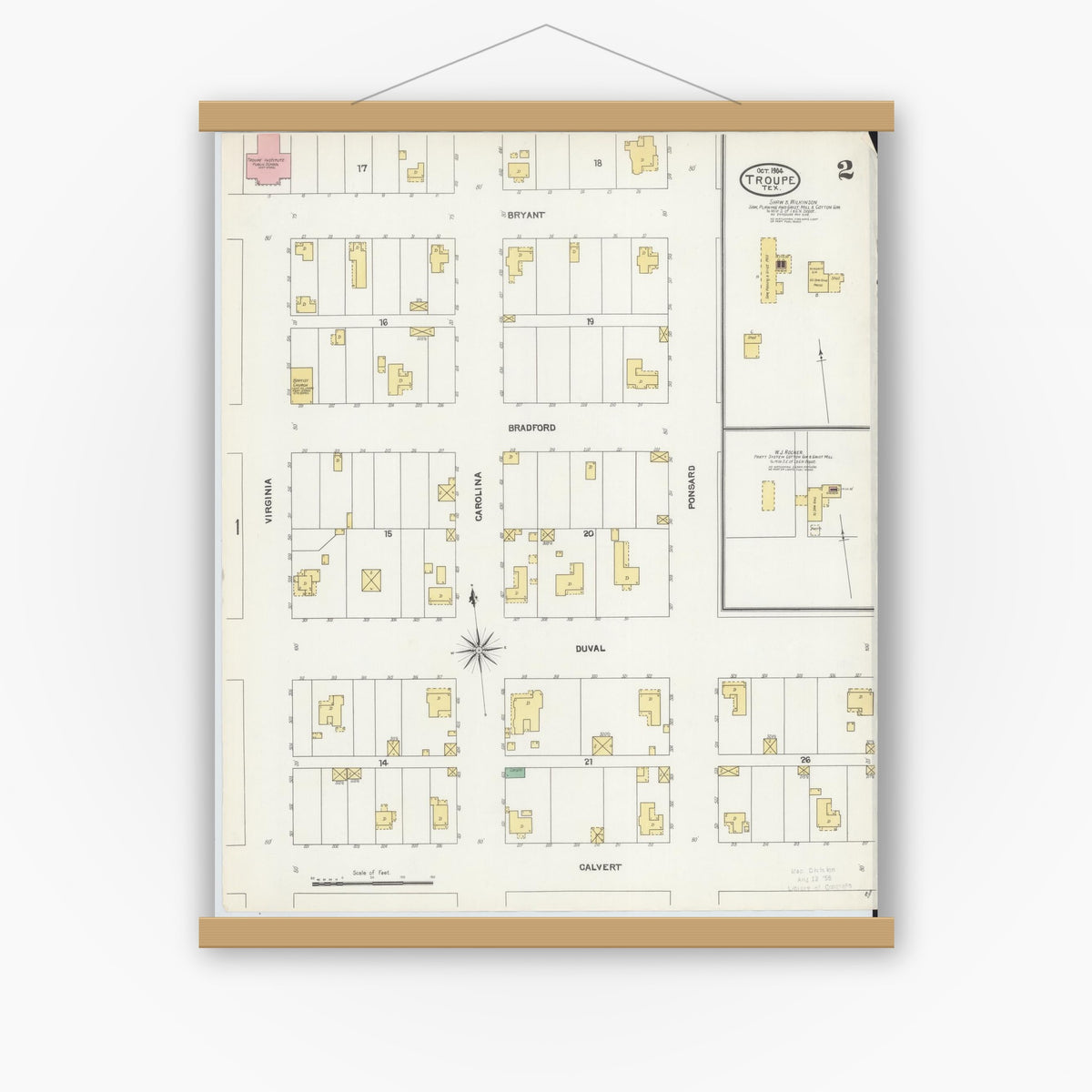 Old map wall art mockup — magnetic wood frame on white wall — Sanborn Fire Insurance Map from Troup, Smith County, Texas (1904), Sheet #0002