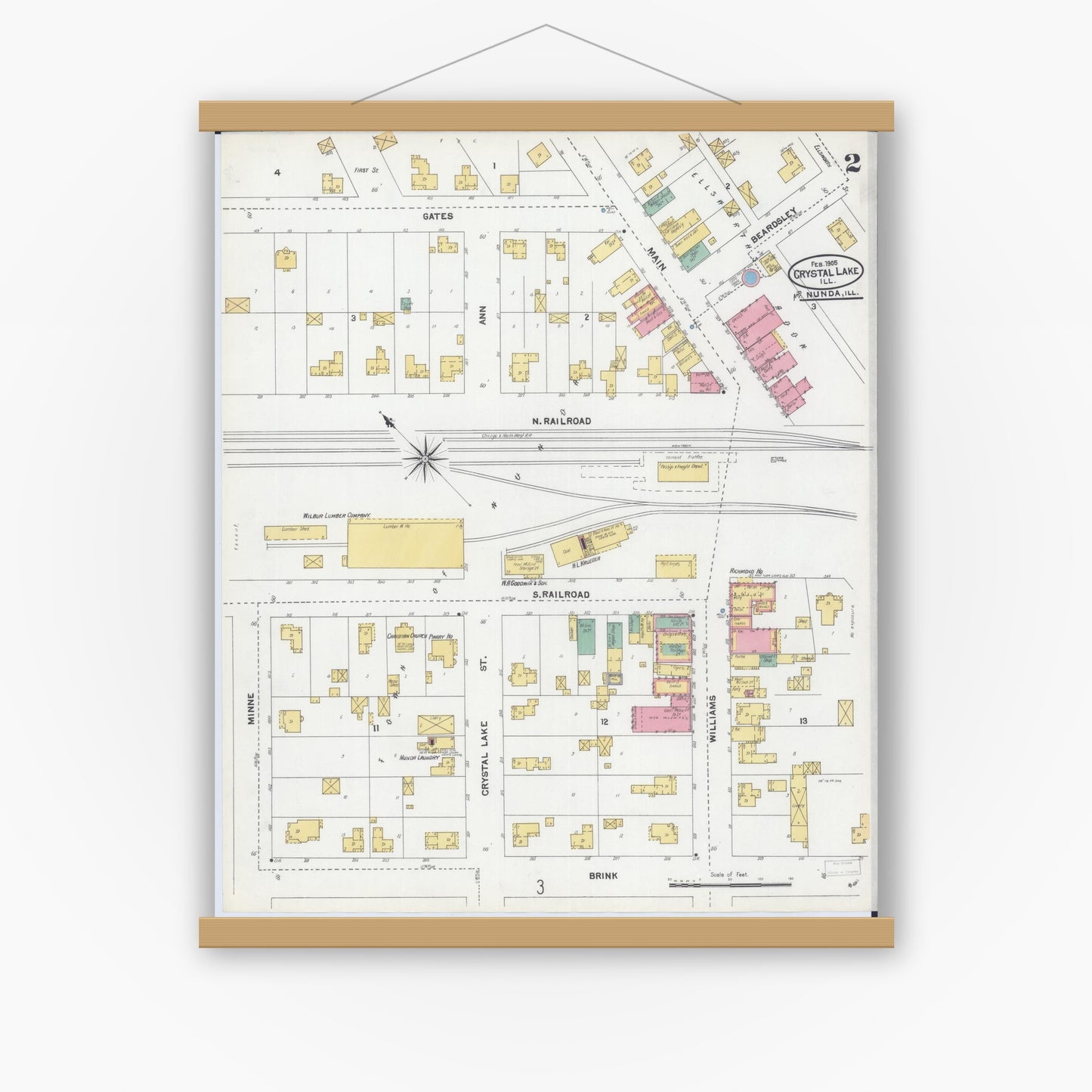Old map wall art mockup — magnetic wood frame on white wall — Sanborn Fire Insurance Map from Crystal Lake, McHenry County, Illinois (1905), Sheet #0002