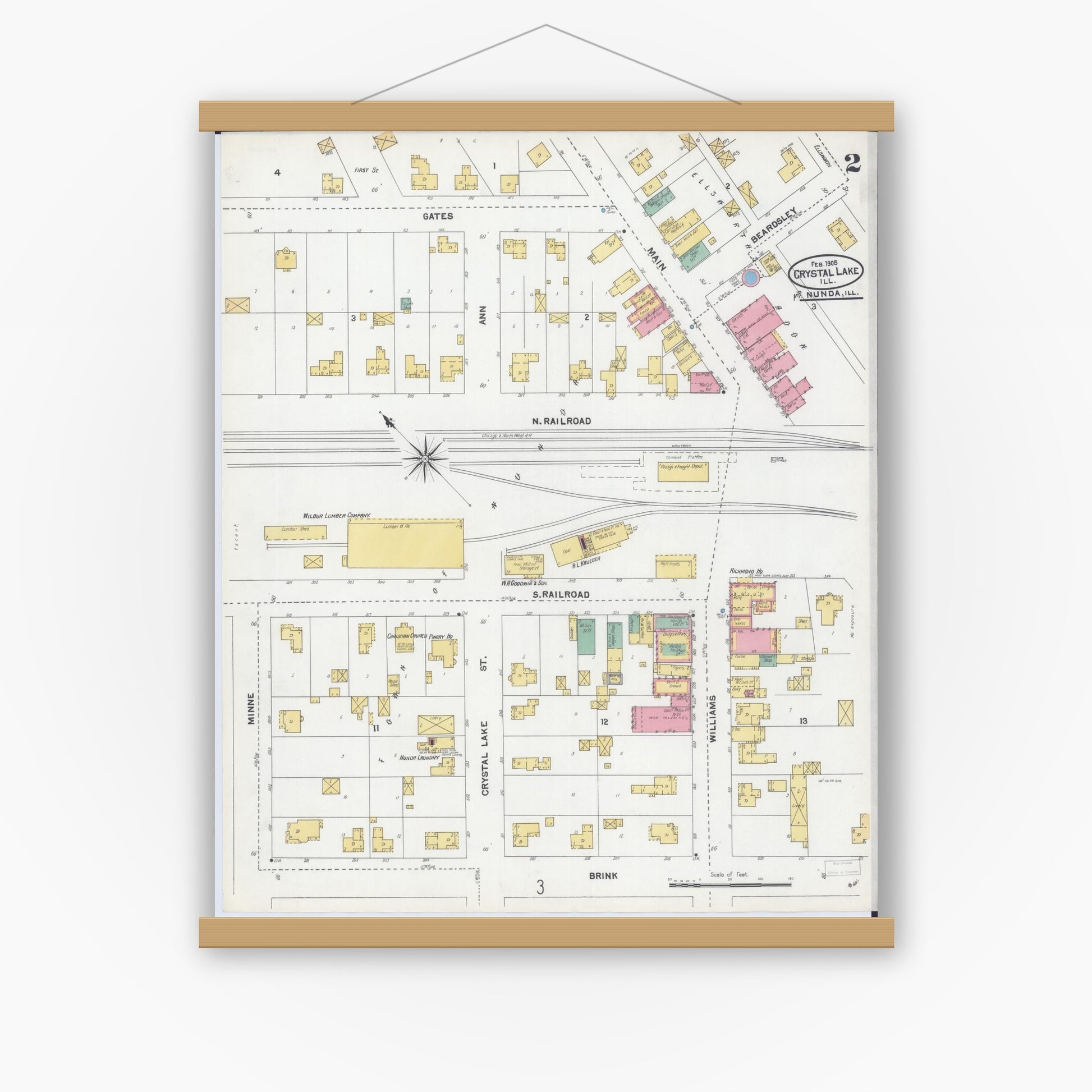 Old map wall art mockup — magnetic wood frame on white wall — Sanborn Fire Insurance Map from Crystal Lake, McHenry County, Illinois (1905), Sheet #0002