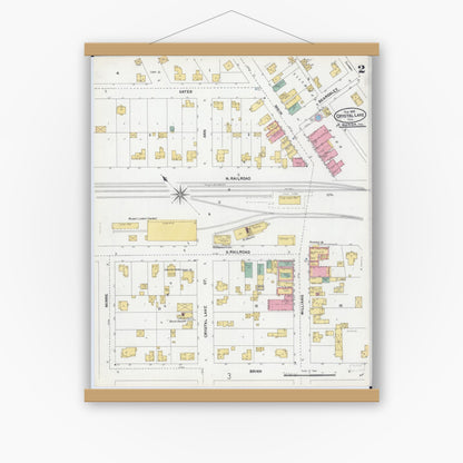 Old map wall art mockup — magnetic wood frame on white wall — Sanborn Fire Insurance Map from Crystal Lake, McHenry County, Illinois (1905), Sheet #0002