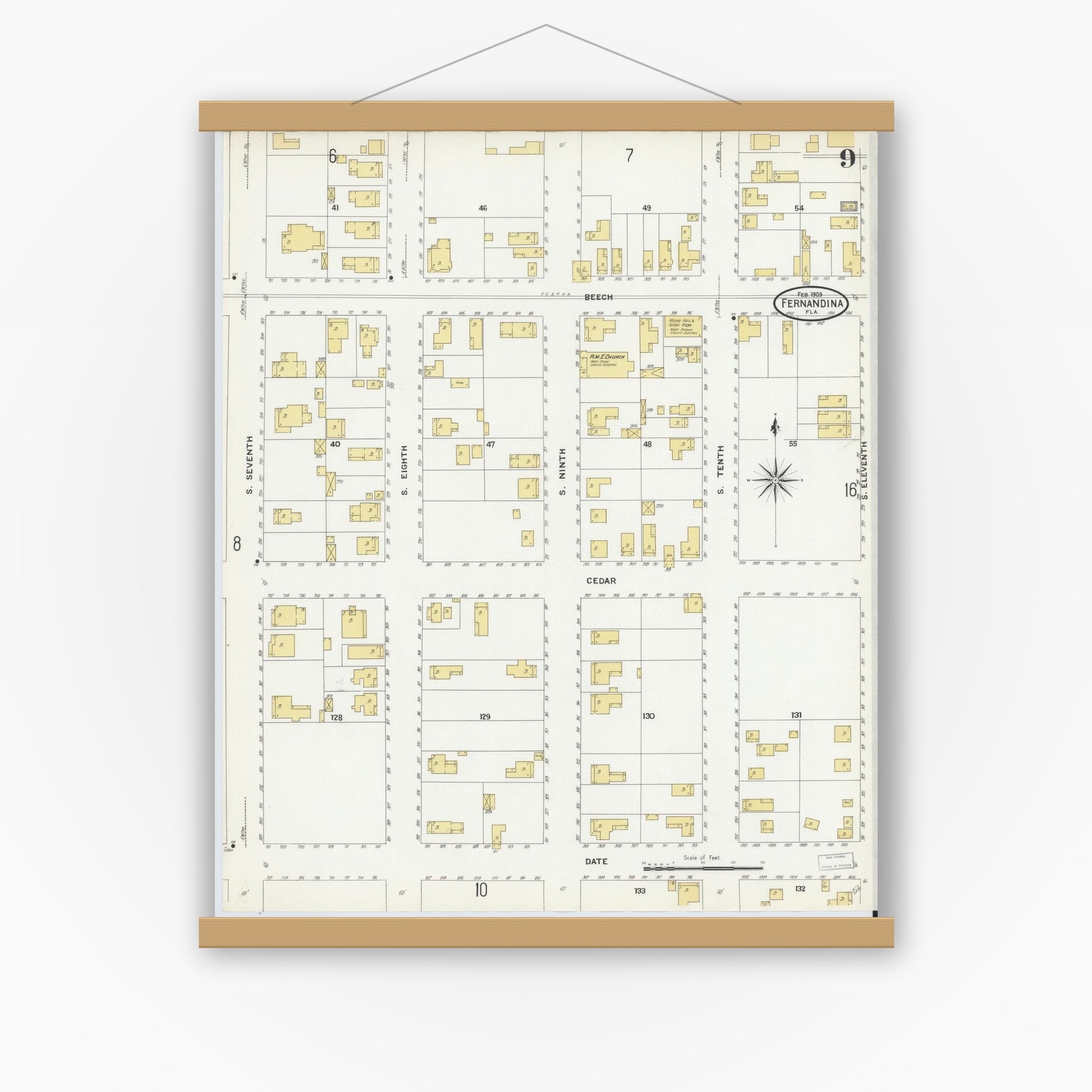 Old map wall art mockup — magnetic wood frame on white wall — Sanborn Fire Insurance Map from Fernandina, Nassau County, Florida (1909), Sheet #0009