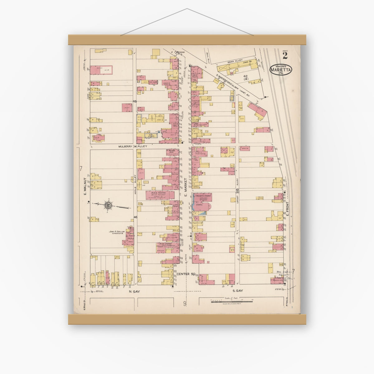 Old map wall art mockup — magnetic wood frame on white wall — Sanborn Fire Insurance Map from Marietta, Lancaster County, Pennsylvania (1922), Sheet #0002