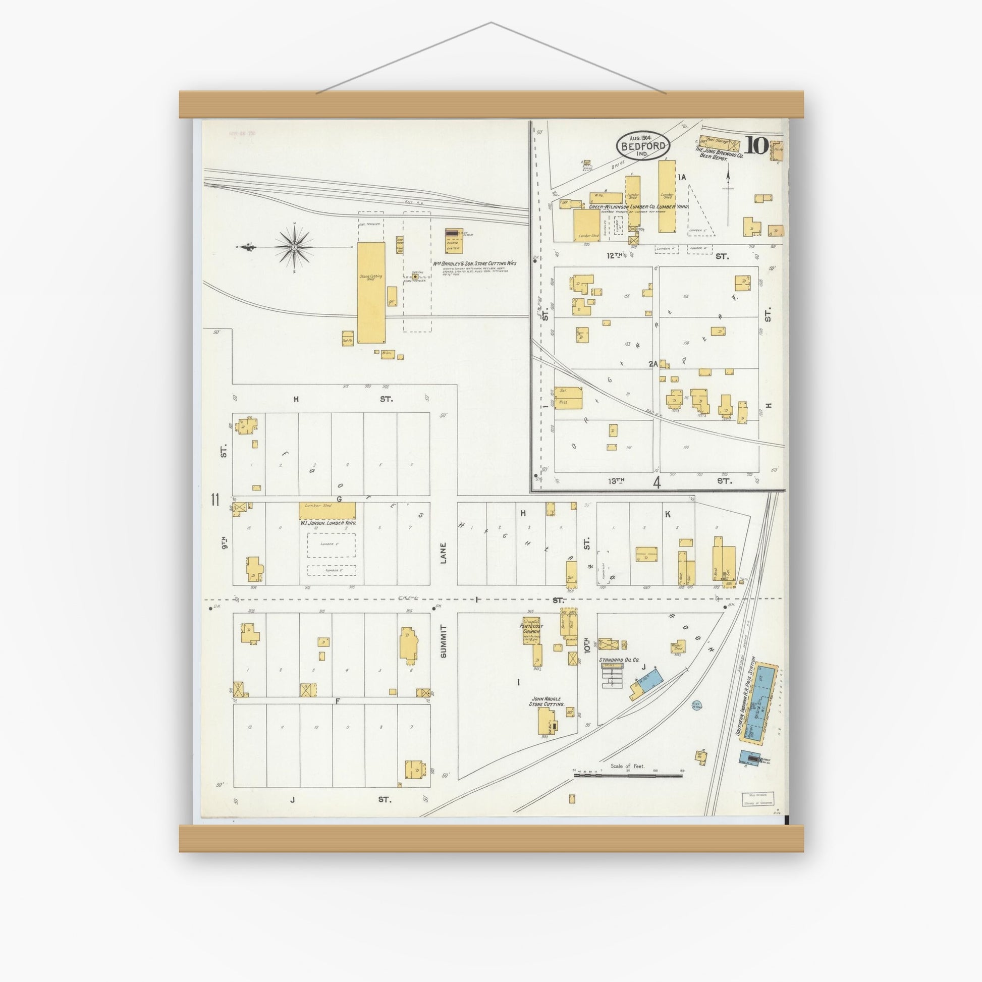 Old map wall art mockup — magnetic wood frame on white wall — Sanborn Fire Insurance Map from Bedford, Lawrence County, Indiana (1904), Sheet #0010