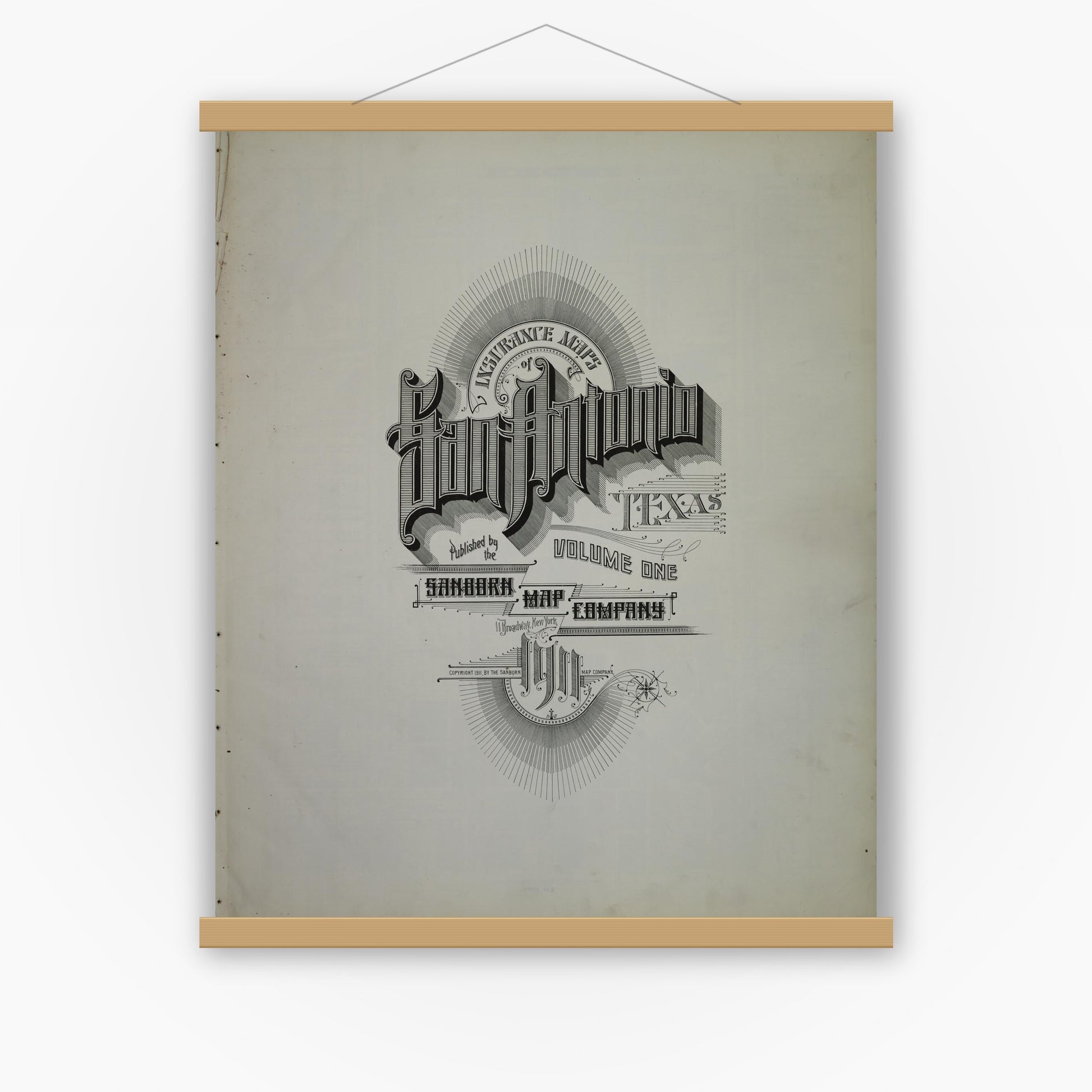 Old map wall art mockup — magnetic wood frame on white wall — Sanborn Fire Insurance Map from San Antonio, Bexar County, Texas (1911), Sheet #0001