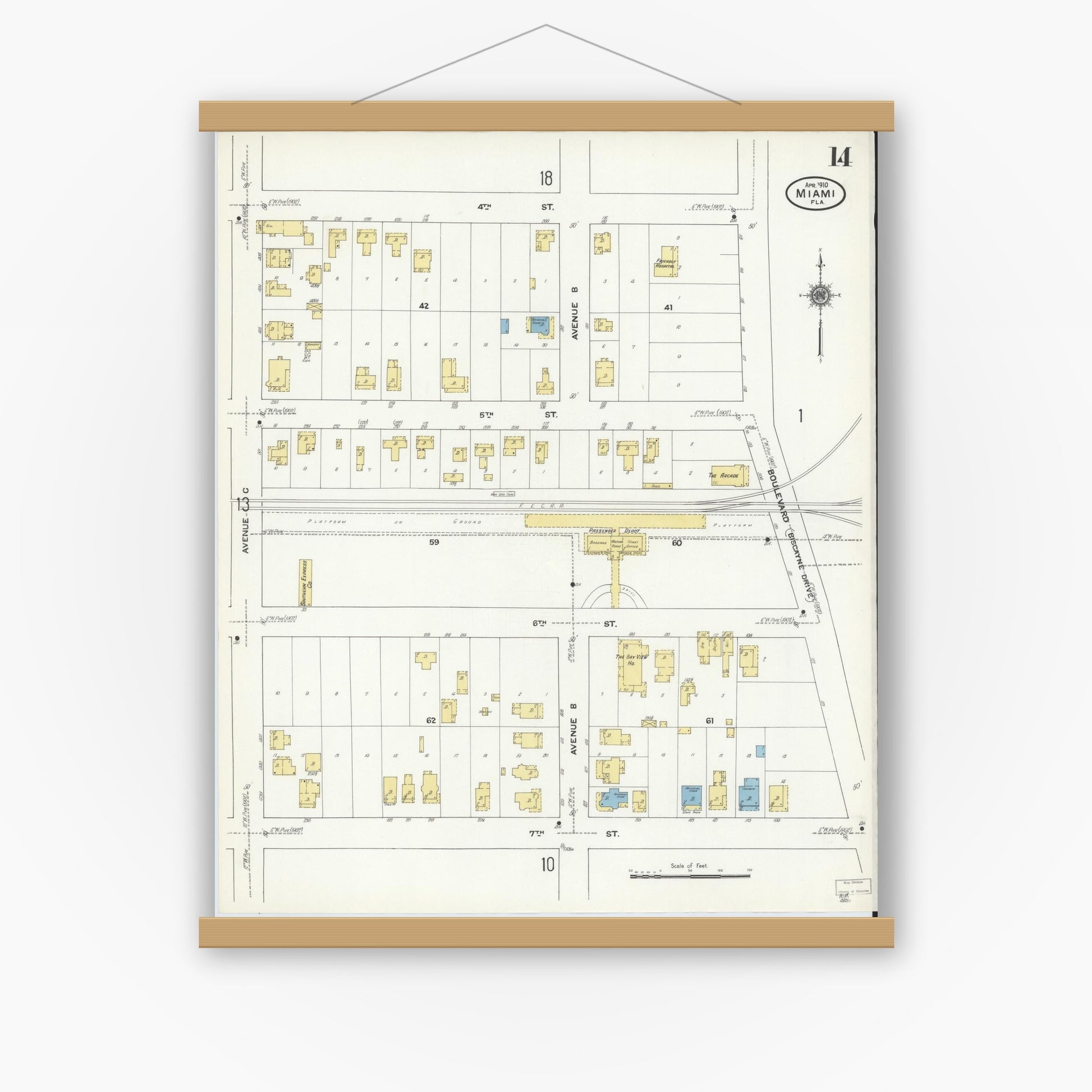 Old map wall art mockup — magnetic wood frame on white wall — Sanborn Fire Insurance Map from Miami, Dade County, Florida (1910), Sheet #0014