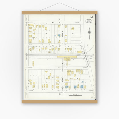 Old map wall art mockup — magnetic wood frame on white wall — Sanborn Fire Insurance Map from Miami, Dade County, Florida (1910), Sheet #0014
