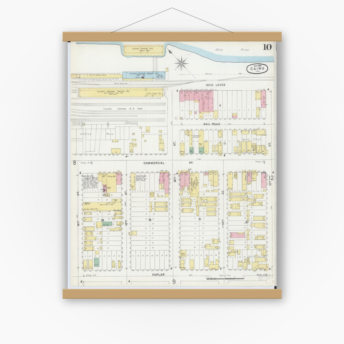 Old map wall art mockup — magnetic wood frame on white wall — Sanborn Fire Insurance Map from Cairo, Alexander County, Illinois (1896), Sheet #0010