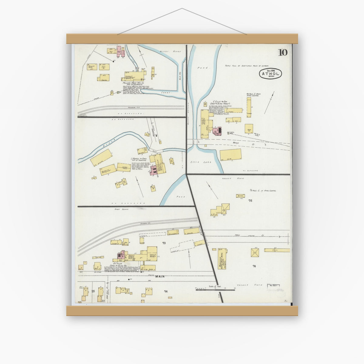Old map wall art mockup — magnetic wood frame on white wall — Sanborn Fire Insurance Map from Athol, Worcester County, Massachusetts (1896), Sheet #0010