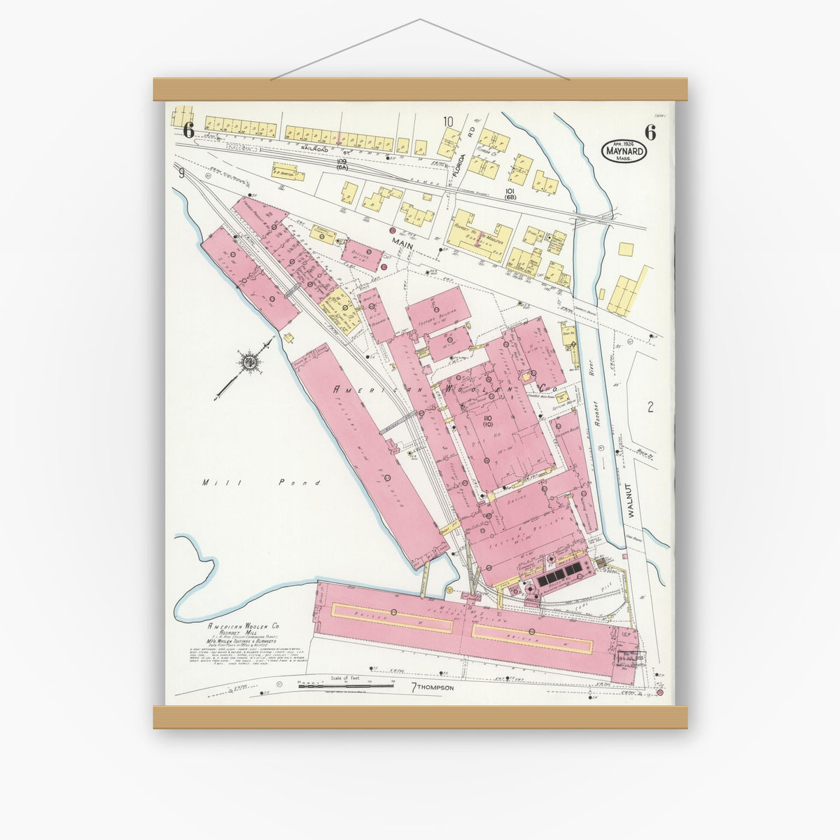 Old map wall art mockup — magnetic wood frame on white wall — Sanborn Fire Insurance Map from Maynard, Middlesex County, Massachusetts (1924), Sheet #0006