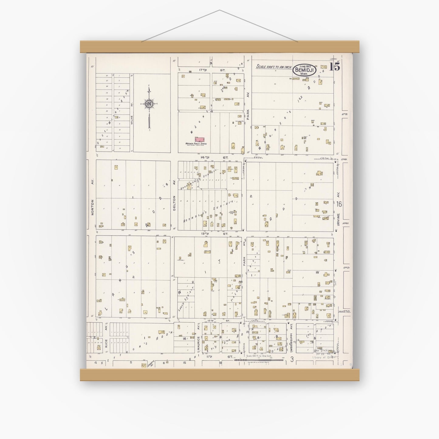 Old map wall art mockup — magnetic wood frame on white wall — Sanborn Fire Insurance Map from Bemidji, Beltrami County, Minnesota (1922), Sheet #0015