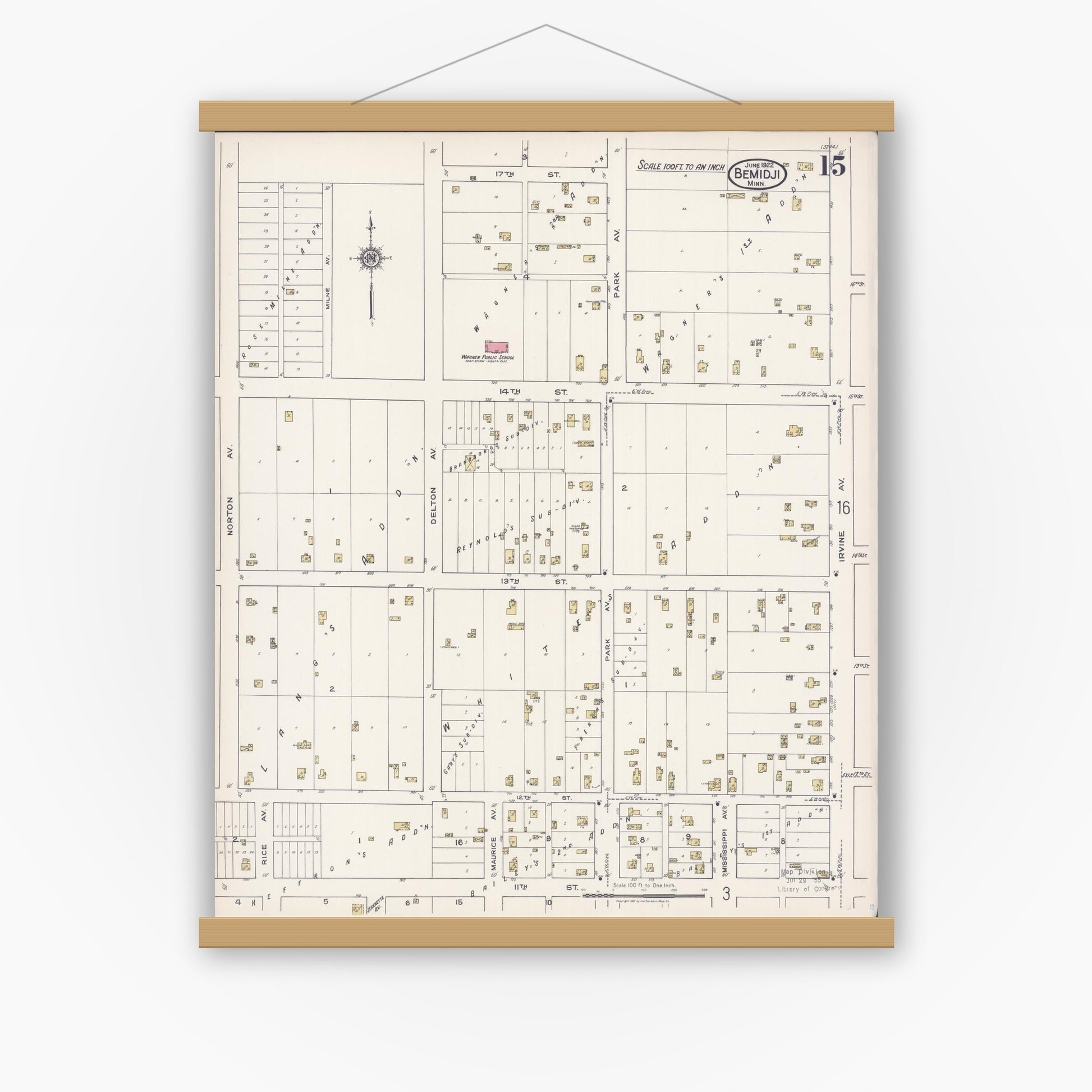 Old map wall art mockup — magnetic wood frame on white wall — Sanborn Fire Insurance Map from Bemidji, Beltrami County, Minnesota (1922), Sheet #0015
