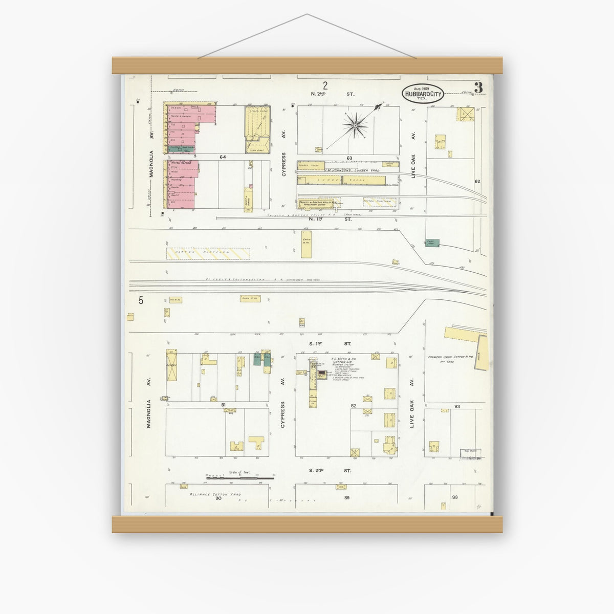 Old map wall art mockup — magnetic wood frame on white wall — Sanborn Fire Insurance Map from Hubbard, Hill County, Texas (1909), Sheet #0003