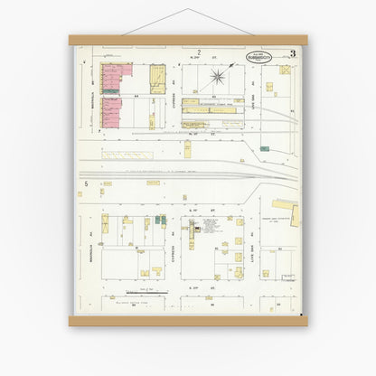 Old map wall art mockup — magnetic wood frame on white wall — Sanborn Fire Insurance Map from Hubbard, Hill County, Texas (1909), Sheet #0003