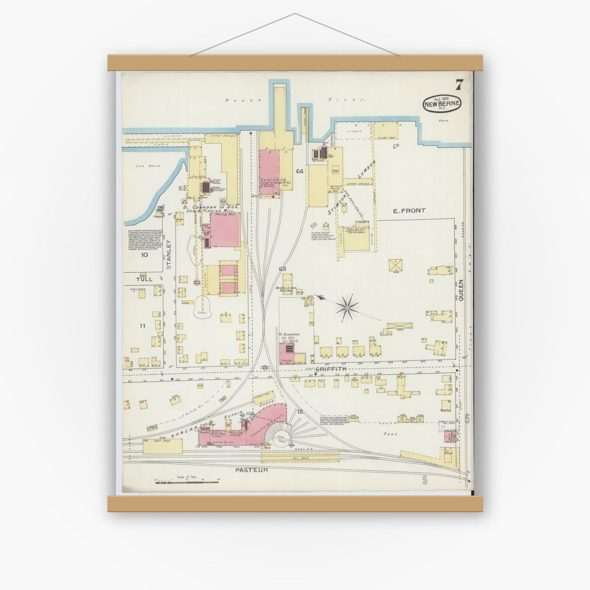 Old map wall art mockup — magnetic wood frame on white wall — Sanborn Fire Insurance Map from New Bern, Craven County, North Carolina (1893), Sheet #0007
