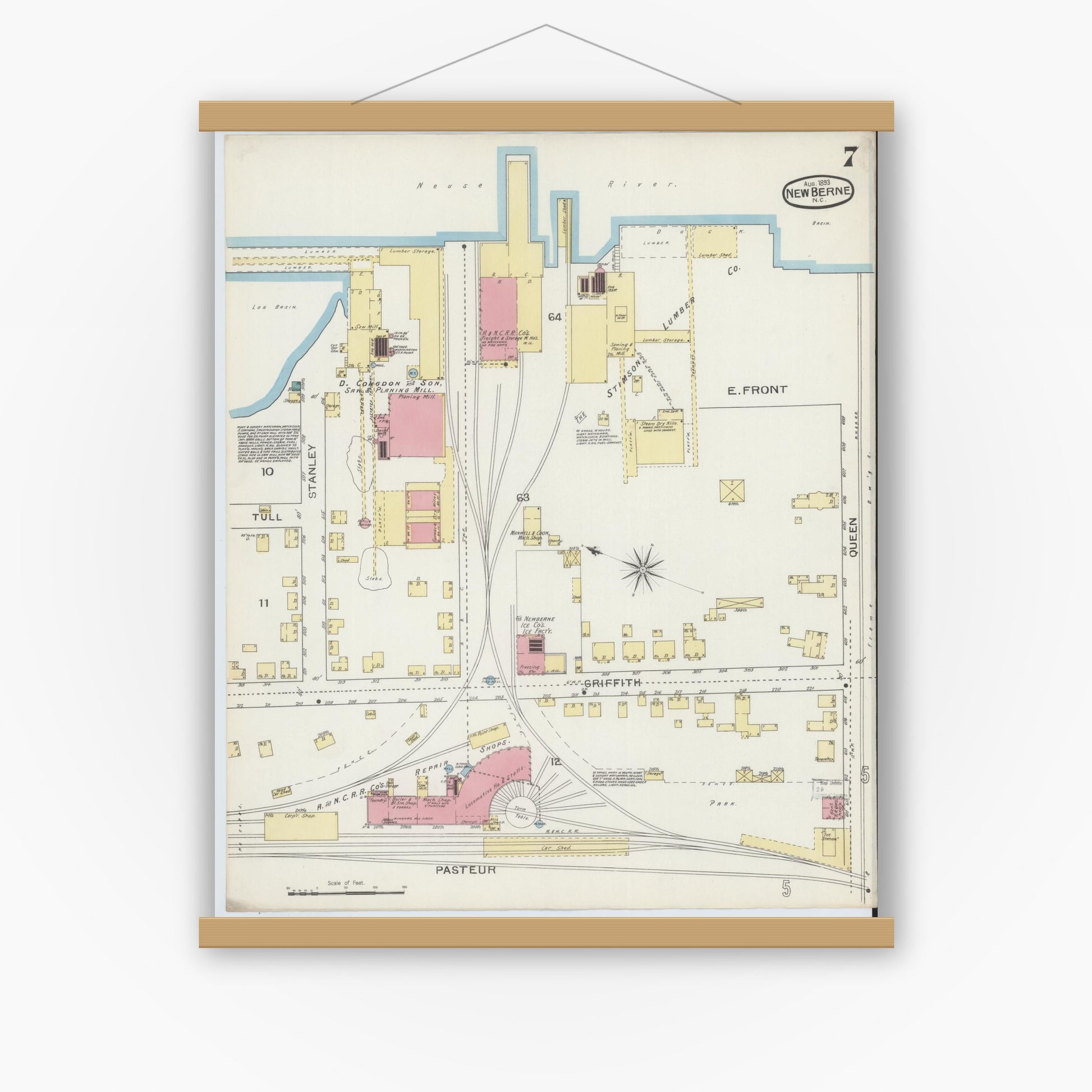 Old map wall art mockup — magnetic wood frame on white wall — Sanborn Fire Insurance Map from New Bern, Craven County, North Carolina (1893), Sheet #0007