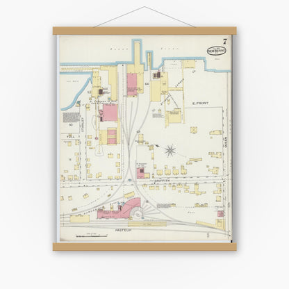 Old map wall art mockup — magnetic wood frame on white wall — Sanborn Fire Insurance Map from New Bern, Craven County, North Carolina (1893), Sheet #0007