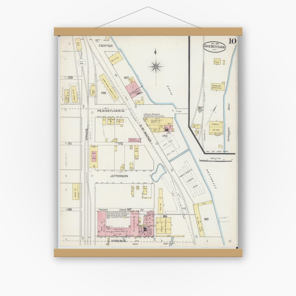 Old map wall art mockup — magnetic wood frame on white wall — Sanborn Fire Insurance Map from Sheboygan, Sheboygan County, Wisconsin (1887), Sheet #0010