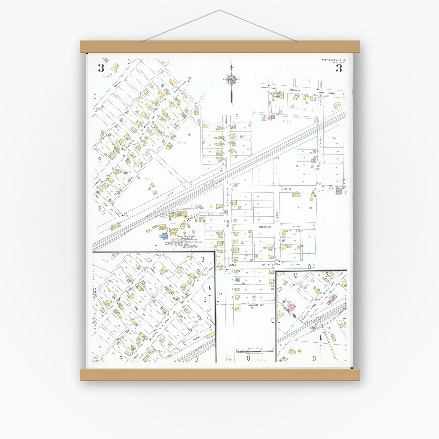 Old map wall art mockup — magnetic wood frame on white wall — Sanborn Fire Insurance Map from West Salem, Wayne County, Ohio (1951), Sheet #0003