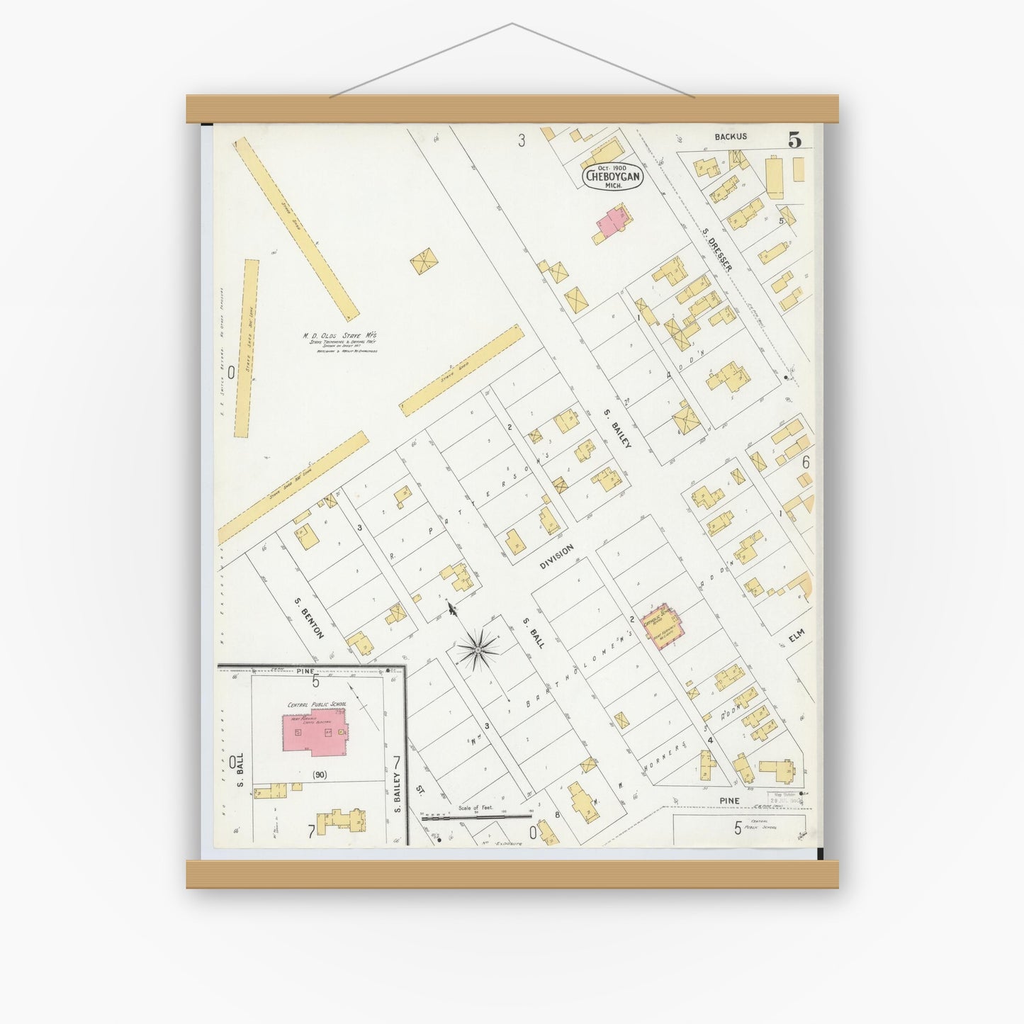 Old map wall art mockup — magnetic wood frame on white wall — Sanborn Fire Insurance Map from Cheboygan, Cheboygan County, Michigan (1900), Sheet #0005