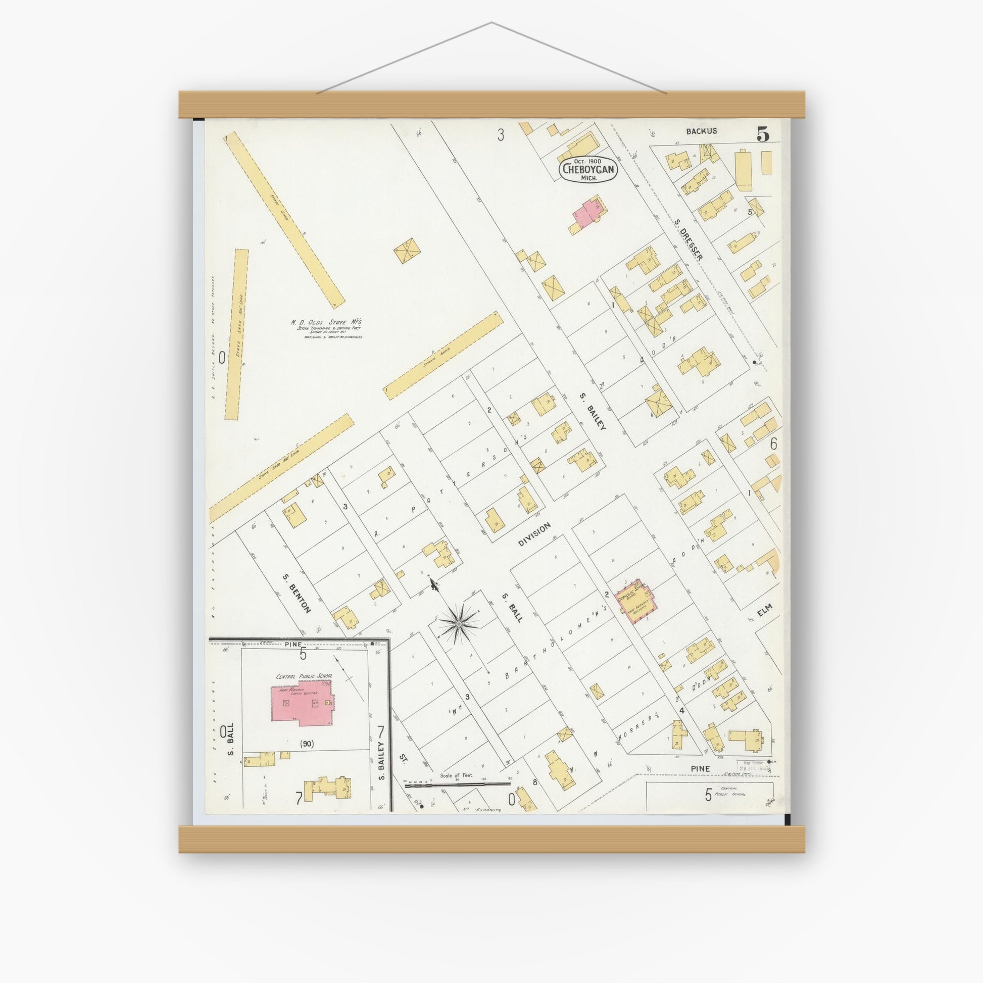 Old map wall art mockup — magnetic wood frame on white wall — Sanborn Fire Insurance Map from Cheboygan, Cheboygan County, Michigan (1900), Sheet #0005