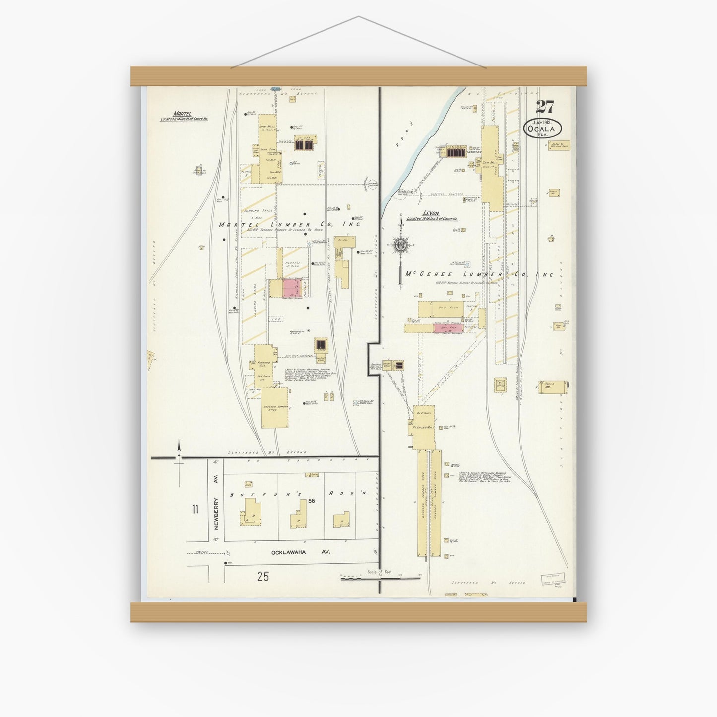 Old map wall art mockup — magnetic wood frame on white wall — Sanborn Fire Insurance Map from Ocala, Marion County, Florida (1912), Sheet #0027