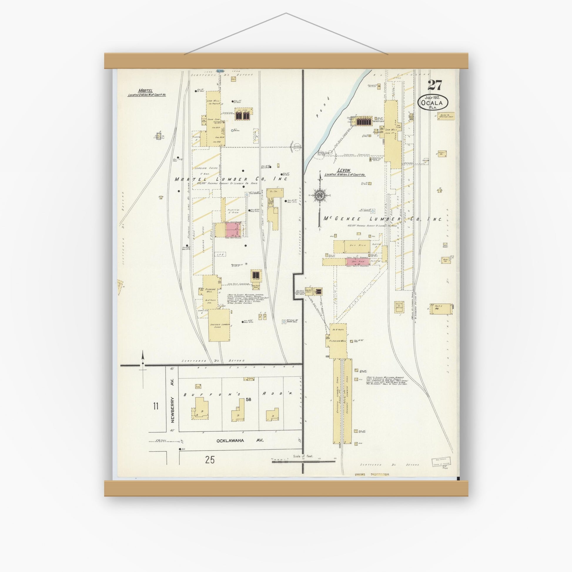 Old map wall art mockup — magnetic wood frame on white wall — Sanborn Fire Insurance Map from Ocala, Marion County, Florida (1912), Sheet #0027