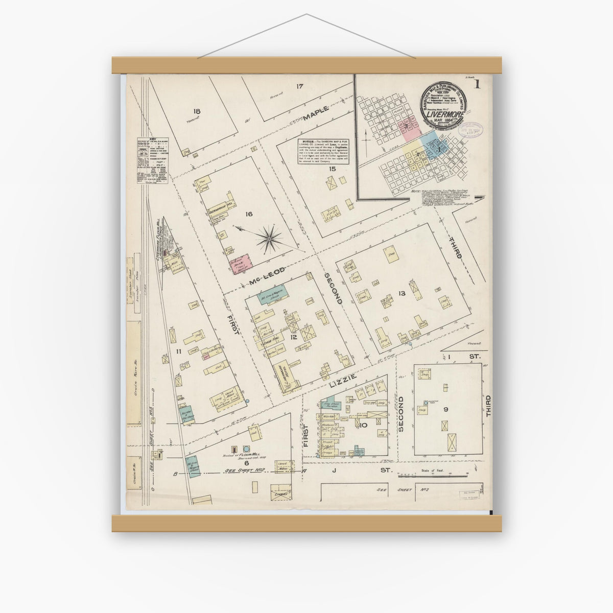 Old map wall art mockup — magnetic wood frame on white wall — Sanborn Fire Insurance Map from Livermore, Alameda County, California (1884) - Complete Map Set