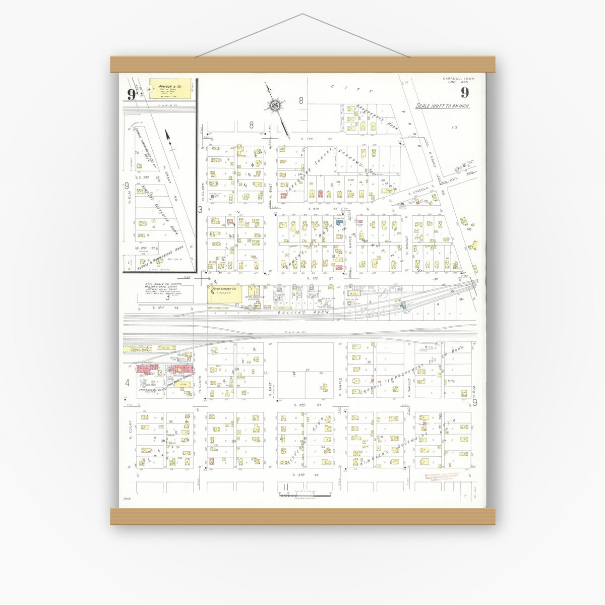Old map wall art mockup — magnetic wood frame on white wall — Sanborn Fire Insurance Map from Carroll, Carroll County, Iowa (1935), Sheet #0009