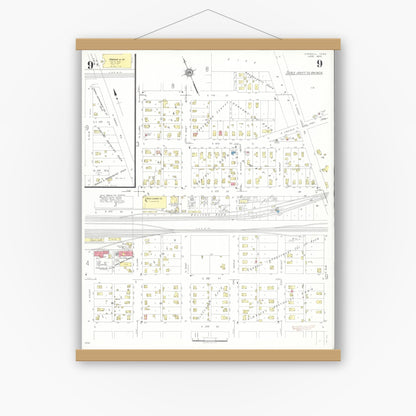 Old map wall art mockup — magnetic wood frame on white wall — Sanborn Fire Insurance Map from Carroll, Carroll County, Iowa (1935), Sheet #0009