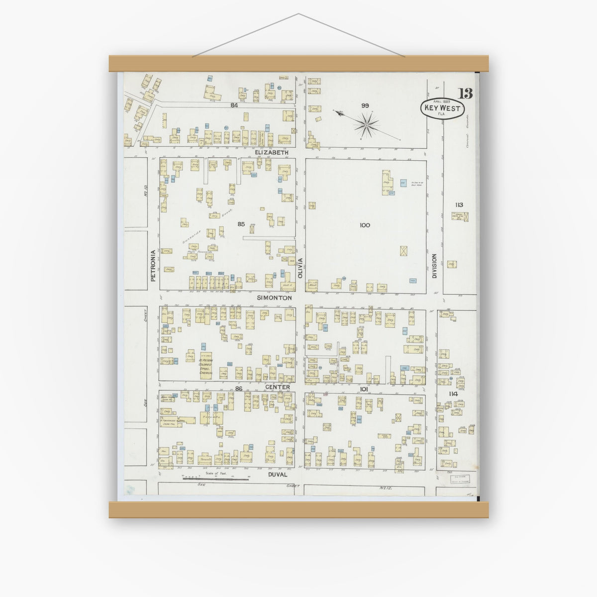 Old map wall art mockup — magnetic wood frame on white wall — Sanborn Fire Insurance Map from Key West, Monroe County, Florida (1889), Sheet #0013