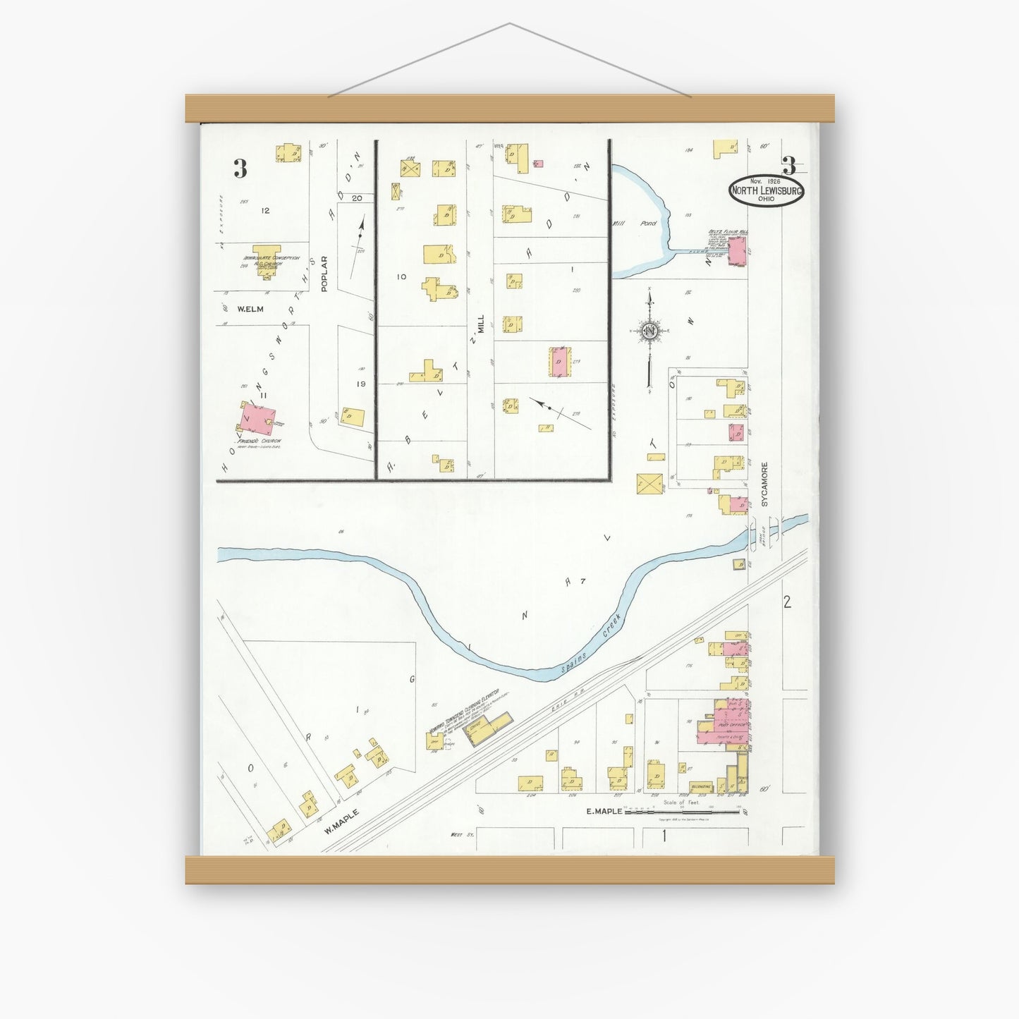 Old map wall art mockup — magnetic wood frame on white wall — Sanborn Fire Insurance Map from North Lewisburg, Champaign County, Ohio (1926), Sheet #0003