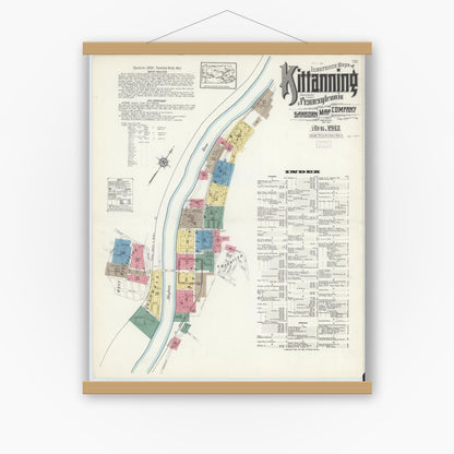 Old map wall art mockup — magnetic wood frame on white wall — Sanborn Fire Insurance Map from Kittanning, Armstrong County, Pennsylvania (1913), Sheet #0001